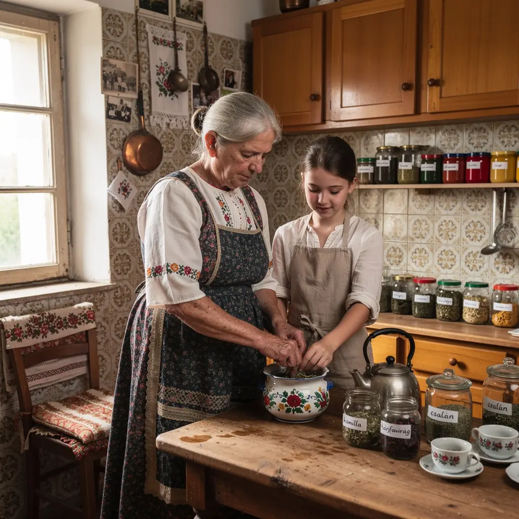 Teáscsésze gőzölgő gyógynövény teával, háttérben virágos növények.