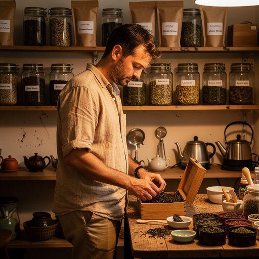 Teafőzéshez szükséges eszközök, mint szűrő és tea kanál, egy szép tálcán.